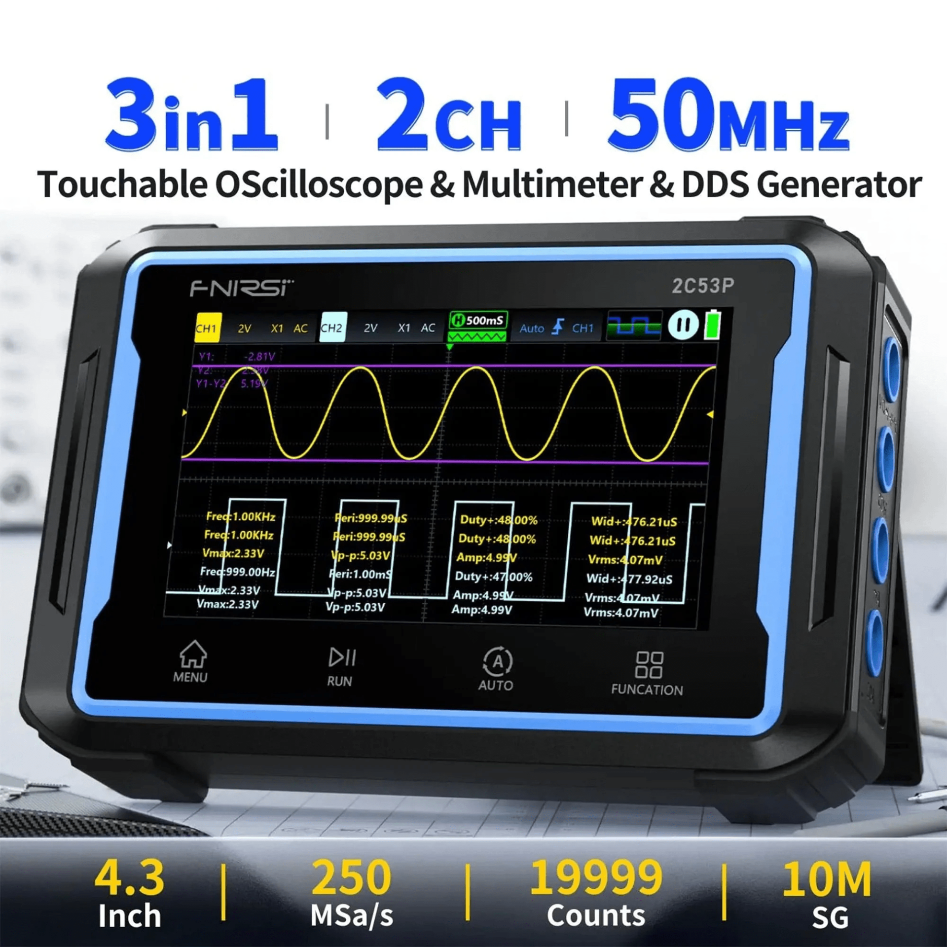 2C53P 3in1 50MHz 2 Kanal  250MSa/s El Tipi Dijital Tablet Osiloskop & Multimetre & Sinyal Jeneratörü