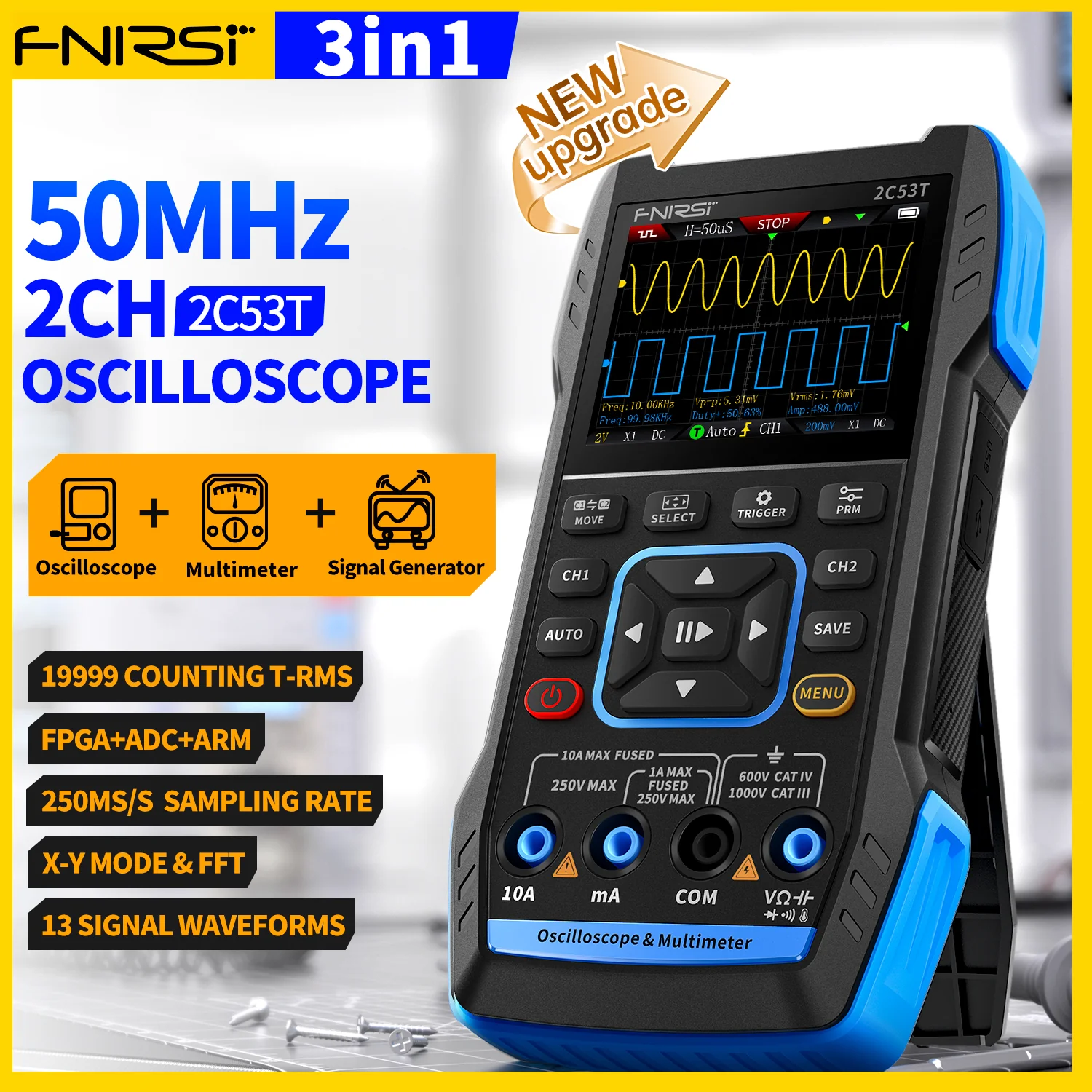 2C53T 3in1 50MHz 2 Kanal  250MSa/s El Tipi Dijital Osiloskop & Multimetre & Sinyal Jeneratörü (Çift Problu)