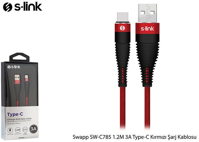 S-Link Swapp Sw-C785 1.2 Mt 3A Type-C Kablosu Kırmızı